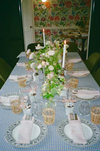 a blue and white checkered tablecloth